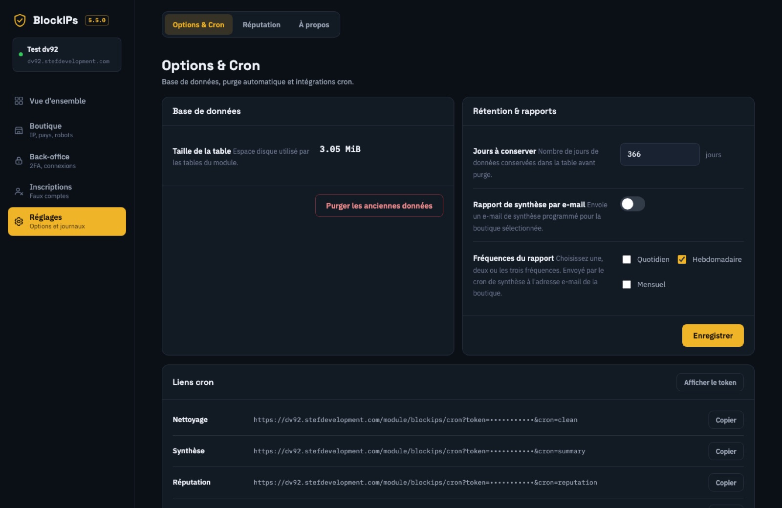 Options de performance de Block IPs