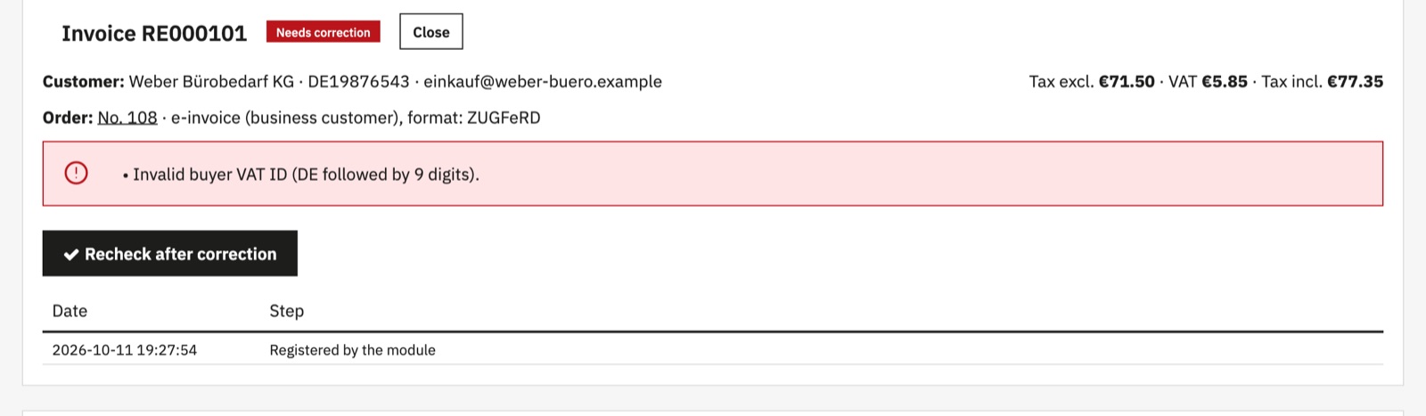 Issue detected before invoice e-mailing
